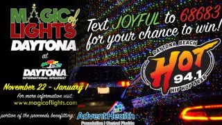 Text JOYFUL to 68683 to enter for a chance to win a car pass to Magic of Lights at Daytona International Speedway